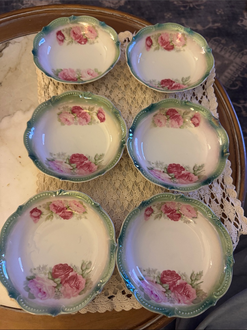 Elegant Floral Porcelain Dessert Bowls in Pink and Green - Set of 6 / 5.5in
